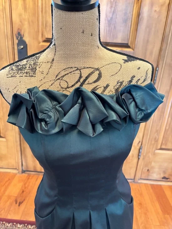 Jessica McClintock Teal Strapless Satin Dress with Rosette Trim - Picture 2 of 4